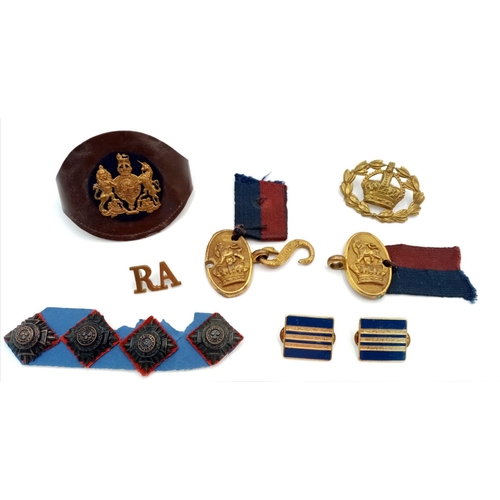 1483 - A Parcel of 11 Vintage Military Badges, Buckles, Etc. Including Artillery Leather Belt Buckle. From ... 