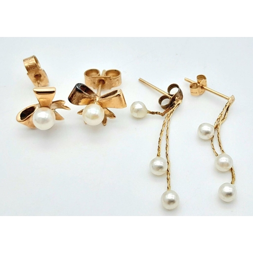 1470 - Two 9K Gold  Pairs of Pearl Earrings. 1.7g total weight. JM13.