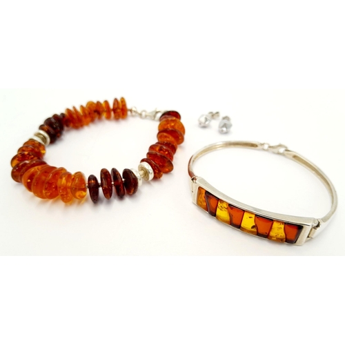 1477 - A Silver Bundle including, Amber Bracelet, Amber Bangle and Diamond Set Studs, 29.9g total weight. J... 