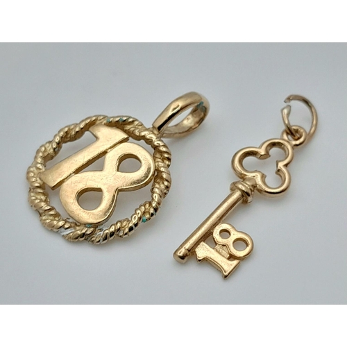 1491 - 9k yellow gold '18' pendant and '18' key charm, 1.4g total weight

ref: 1580I-4