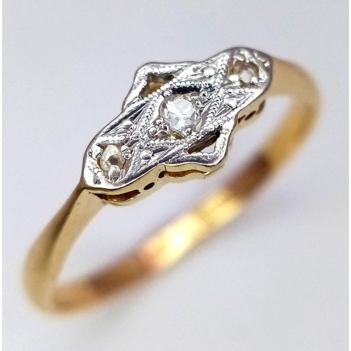 116 - AN 18K YELLOW GOLD & PLATINUM VINTAGE DIAMOND RING. 2.1G IN WEIGHT. SIZE O. Ref: SC 6058.