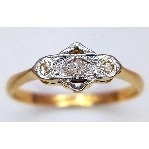 116 - AN 18K YELLOW GOLD & PLATINUM VINTAGE DIAMOND RING. 2.1G IN WEIGHT. SIZE O. Ref: SC 6058.