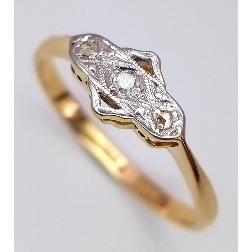 116 - AN 18K YELLOW GOLD & PLATINUM VINTAGE DIAMOND RING. 2.1G IN WEIGHT. SIZE O. Ref: SC 6058.