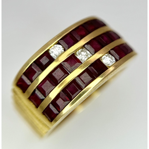 158 - AN 18K YELLOW GOLD DIAMOND & RED STONE ( BELIEVED TO BE RUBY ) RING 6.8G TOTAL WEIGHT, SIZE M.

ref:... 