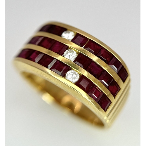 158 - AN 18K YELLOW GOLD DIAMOND & RED STONE ( BELIEVED TO BE RUBY ) RING 6.8G TOTAL WEIGHT, SIZE M.

ref:... 