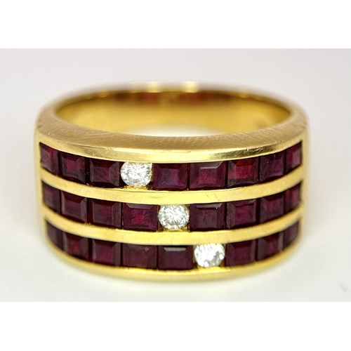 158 - AN 18K YELLOW GOLD DIAMOND & RED STONE ( BELIEVED TO BE RUBY ) RING 6.8G TOTAL WEIGHT, SIZE M.

ref:... 