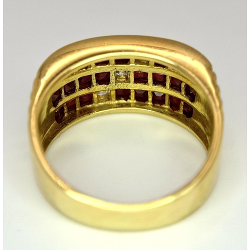 158 - AN 18K YELLOW GOLD DIAMOND & RED STONE ( BELIEVED TO BE RUBY ) RING 6.8G TOTAL WEIGHT, SIZE M.

ref:... 