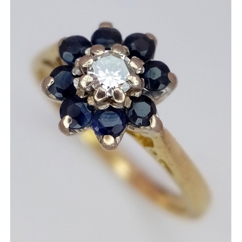 228 - A 18K YELLOW GOLD 0.15CT DIAMOND & SAPPHIRE RING. TOTAL WEIGHT 3G. SIZE L. REF CHIN 6004.