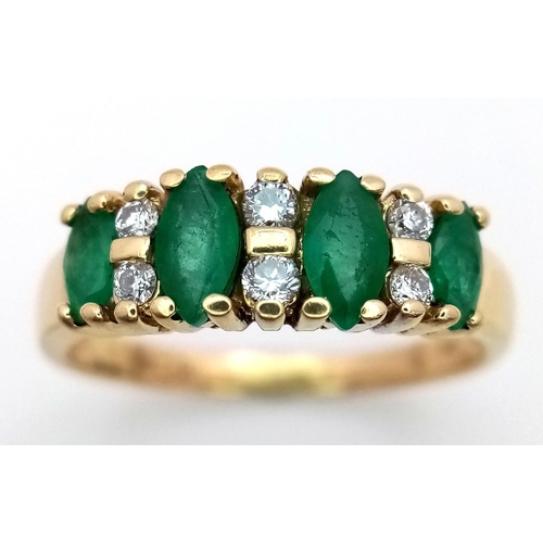 242 - A 18K YELLOW GOLD DIAMOND & EMERALD RING. TOTAL WEIGHT 3.6G. SIZE P. REF BLUND 6002