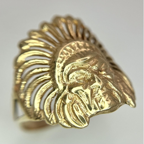 285 - A 9K YELLOW GOLD NATIVE AMERICAN INDIAN HEAD RING 4.9G TOTAL WEIGHT, SIZE X. 

ref: SC 6026