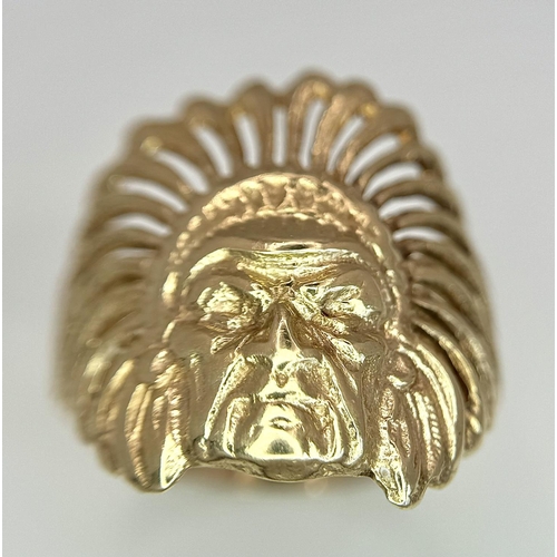 285 - A 9K YELLOW GOLD NATIVE AMERICAN INDIAN HEAD RING 4.9G TOTAL WEIGHT, SIZE X. 

ref: SC 6026