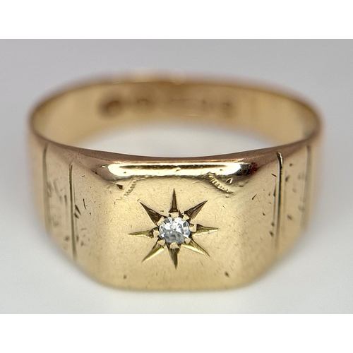 313 - A 9K YELLOW GOLD DIAMOND SET SIGNET RING 3.8G TOTAL WEIGHT, SIZE R 1/2.

ref: SC 6004