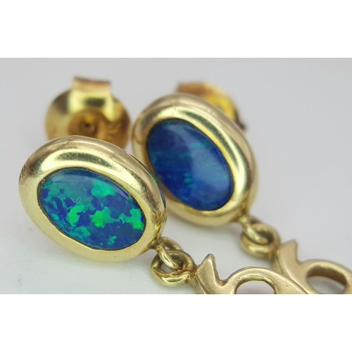 348 - A PAIR OF 14K YELLOW GOLD OPAL SET DROP EARRINGS 2.4G TOTAL WEIGHT, 3CM LENGTH.

ref: SC 6046