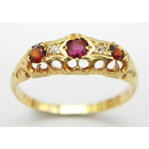 411 - AN 18K YELLOW GOLD ANTIQUE DIAMOND & RUBY RING 2.6G TOTAL WEIGHT, SIZE O 1/2.

ref: SC 6061