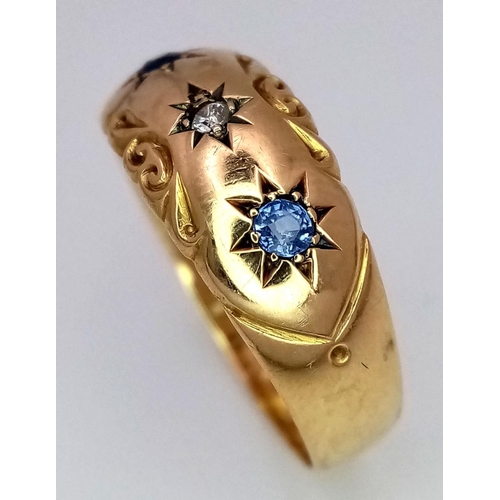 418 - AN 18K YELLOW GOLD ANTIQUE DIAMOND & SAPPHIRE RING 2.7G TOTAL WEIGHT, SIZE P.

ref: SC 6062