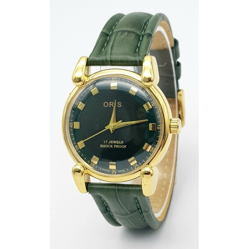 423 - A Very Good Condition Vintage, Gold Tone, Green Face, Oris Swiss Men’s Watch. 17 Jewel Manual Wind M... 