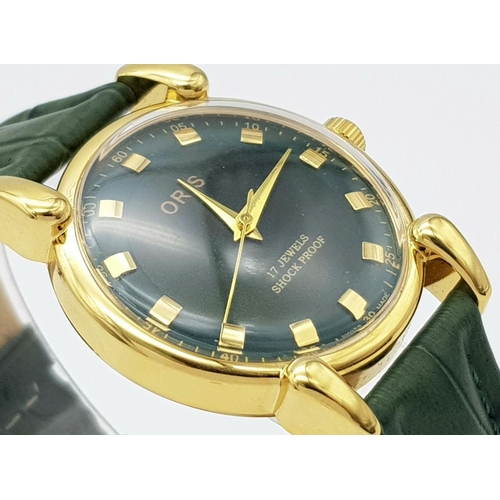 423 - A Very Good Condition Vintage, Gold Tone, Green Face, Oris Swiss Men’s Watch. 17 Jewel Manual Wind M... 