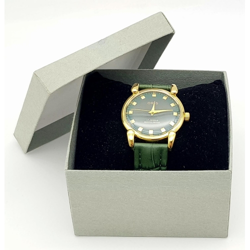 423 - A Very Good Condition Vintage, Gold Tone, Green Face, Oris Swiss Men’s Watch. 17 Jewel Manual Wind M... 