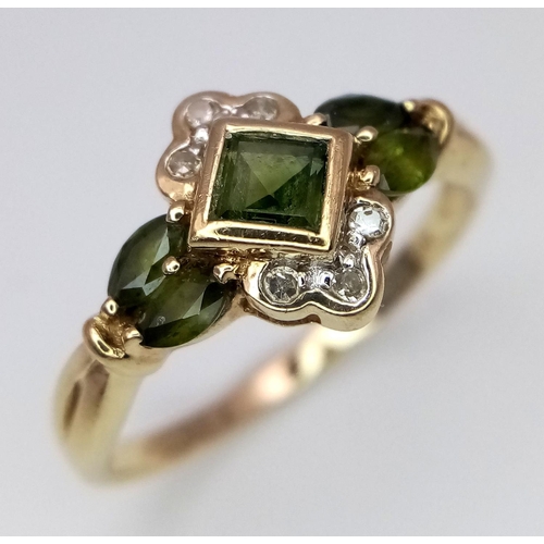 430 - A Very Attractive Art Deco Design 9 Carat Yellow Gold Diamond and Green Sapphire Ring size P. Set wi... 