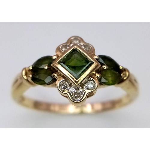 430 - A Very Attractive Art Deco Design 9 Carat Yellow Gold Diamond and Green Sapphire Ring size P. Set wi... 