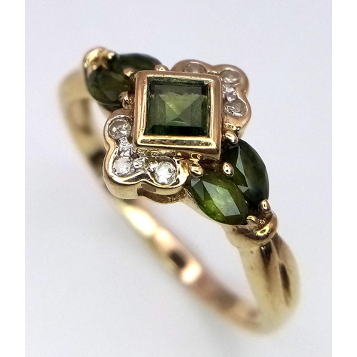 430 - A Very Attractive Art Deco Design 9 Carat Yellow Gold Diamond and Green Sapphire Ring size P. Set wi... 