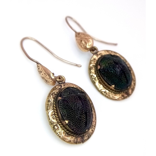 465 - An Unique Pair of Gold Victorian Egyptian Revival Scarab Earrings. 4cm Length. 1.7cm Wide at Widest ... 