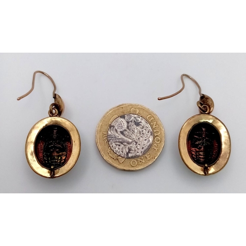 465 - An Unique Pair of Gold Victorian Egyptian Revival Scarab Earrings. 4cm Length. 1.7cm Wide at Widest ... 