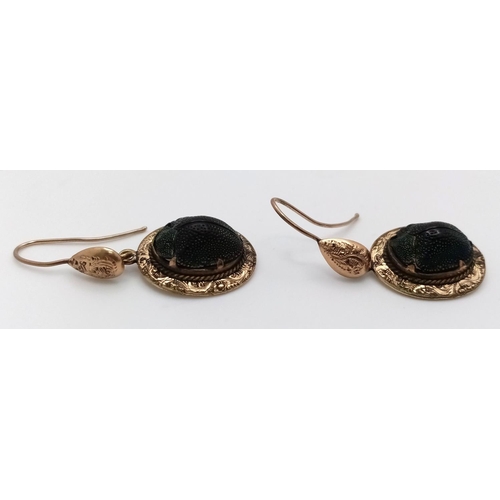 465 - An Unique Pair of Gold Victorian Egyptian Revival Scarab Earrings. 4cm Length. 1.7cm Wide at Widest ... 