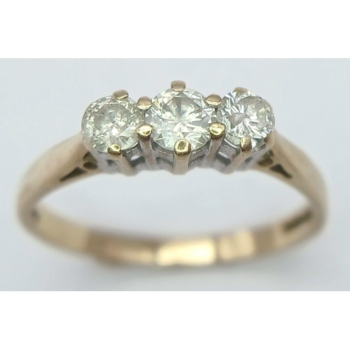 474 - A 9K YELLOW GOLD DIAMOND TRILOGY RING 0.50CT 2G TOTAL WEIGHT, SIZE O 1/2.

ref: SC 6034