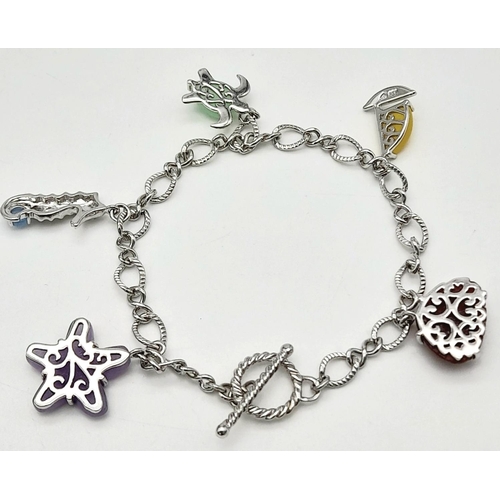 486 - A Very Pretty Sterling Silver ‘Sea Creature Themed’, T- Bar Bracelet. 19cm Length. Set with Semi Pre... 