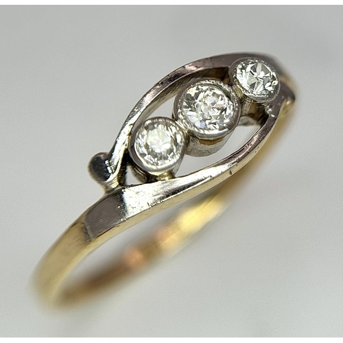 488 - AN 18K YELLOW GOLD & PLATINUM THREE STONE OLD CUT DIAMOND RING 2.2G TOTAL WEIGHT, SIZE N.

ref: SC 6... 