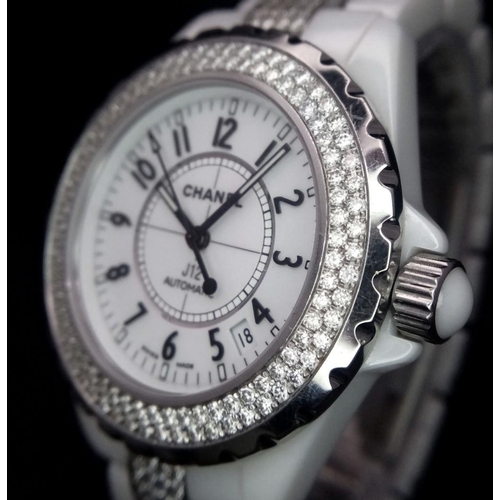 71 - A Chanel J12 Diamond Automatic Ladies Watch. Ceramic, stainless steel and diamond bracelet and case ... 