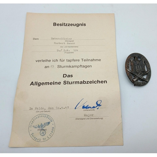 359 - WW2 German General Assault Badge with Award Certificate.