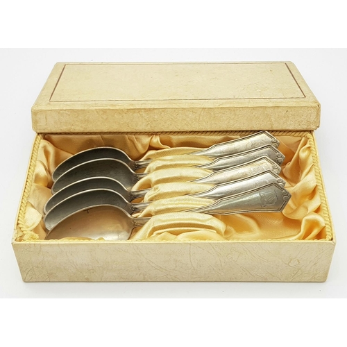 559 - 5 x Silver Plated Africa Corps Coffee Spoons in a box that once contained 6. (1 is missing).