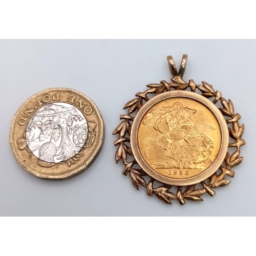 1 - A FULL SOVEREIGN DATED 1958 IN AN EXTREMELY ORNATE 9K GOLD SETTING .11.9gms