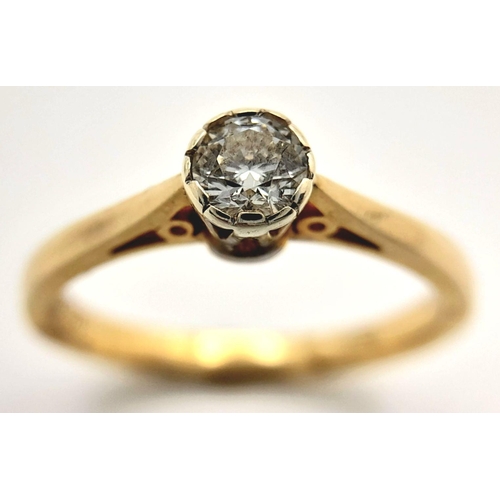 107 - A 9K Yellow Gold Diamond Solitaire Ring. 0.25ct. Size M. 2.2g total weight.