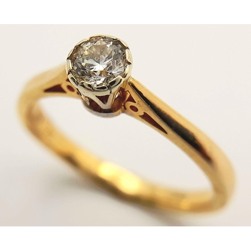 107 - A 9K Yellow Gold Diamond Solitaire Ring. 0.25ct. Size M. 2.2g total weight.