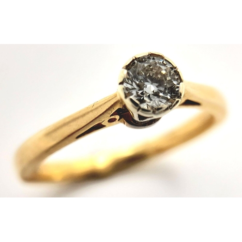 107 - A 9K Yellow Gold Diamond Solitaire Ring. 0.25ct. Size M. 2.2g total weight.