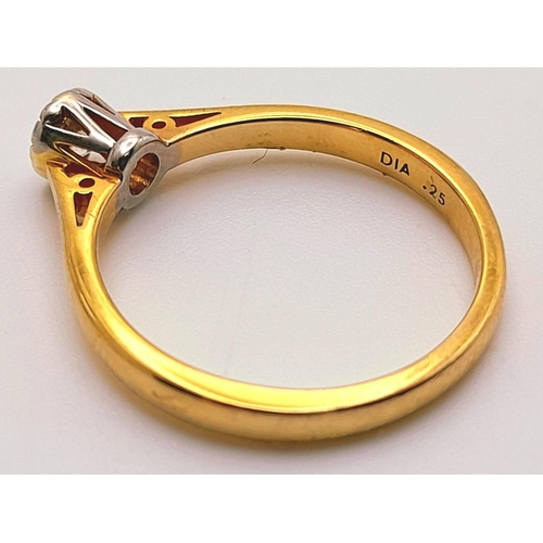 107 - A 9K Yellow Gold Diamond Solitaire Ring. 0.25ct. Size M. 2.2g total weight.