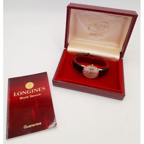 125 - Gentlemans 1960’s Vintage 9 carat GOLD LONGINES WRISTWATCH. Manual winding in full working order. In... 