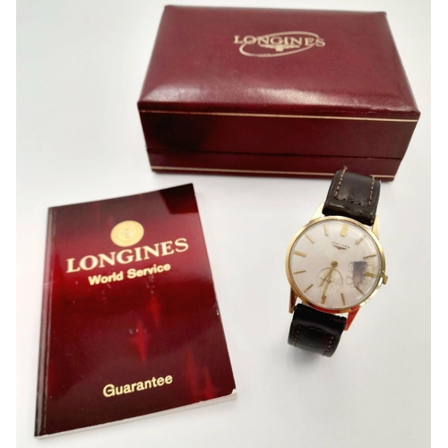 125 - Gentlemans 1960’s Vintage 9 carat GOLD LONGINES WRISTWATCH. Manual winding in full working order. In... 