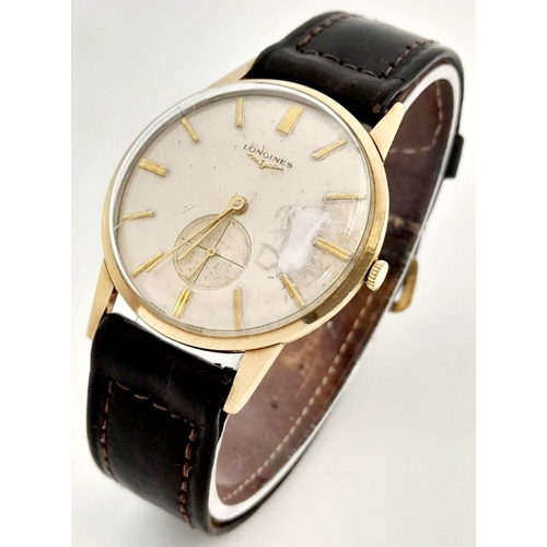 125 - Gentlemans 1960’s Vintage 9 carat GOLD LONGINES WRISTWATCH. Manual winding in full working order. In... 