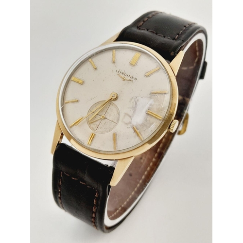 125 - Gentlemans 1960’s Vintage 9 carat GOLD LONGINES WRISTWATCH. Manual winding in full working order. In... 