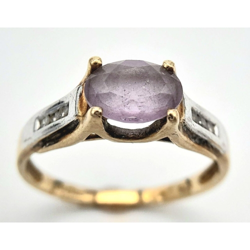 132 - Beautiful 9 carat GOLD RING, having Rose de France AMETHYST SOLITAIRE Oval cut, ,with DIAMOND SHOULD... 