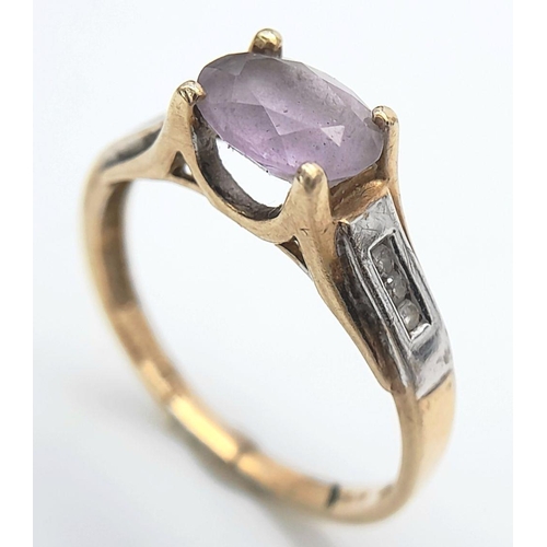 132 - Beautiful 9 carat GOLD RING, having Rose de France AMETHYST SOLITAIRE Oval cut, ,with DIAMOND SHOULD... 