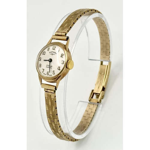 14 - Ladies Vintage 9 carat GOLD ROTARY WRISTWATCH. 17 jewels Swiss made. Having 9 carat solid GOLD brace... 