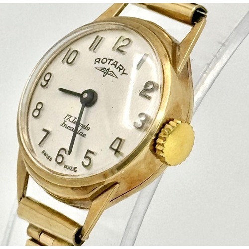 14 - Ladies Vintage 9 carat GOLD ROTARY WRISTWATCH. 17 jewels Swiss made. Having 9 carat solid GOLD brace... 