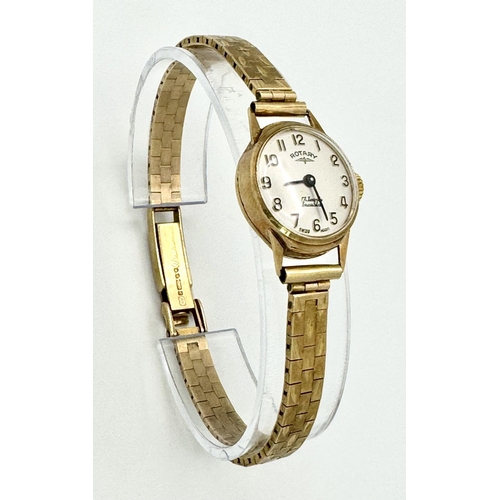 14 - Ladies Vintage 9 carat GOLD ROTARY WRISTWATCH. 17 jewels Swiss made. Having 9 carat solid GOLD brace... 