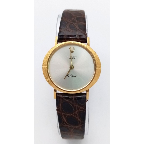 148 - A LADIES 18K GOLD ROLEX CELLINI WITH MOTHER OF PEARL DIAL AND ON A BROWN CROCODILE STRAP , ONE OF TH... 