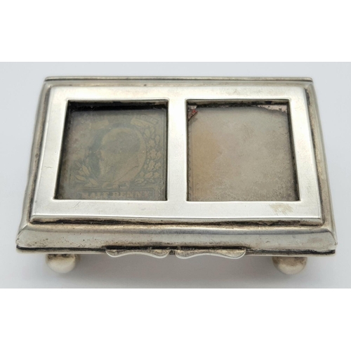 202 - Antique SILVER STAMP BOX. Hallmark for Chester 1901. Twin Chambers. Glass window top with old Edward... 